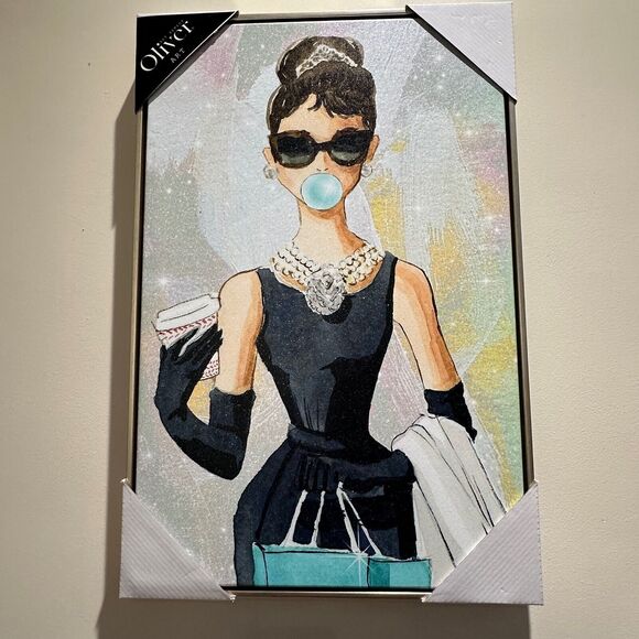 Oliver Gal Audrey Hepburn Bubble Gum Jewelry Wall Art Canvas Framed NEW - Picture 1 of 8